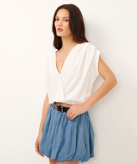 blusa de viscose decote v transpassada off white PP
