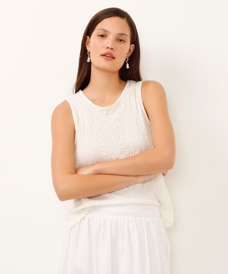 regata decote redondo alça média texturizada off white M regata decote redondo alça média texturizada off white M