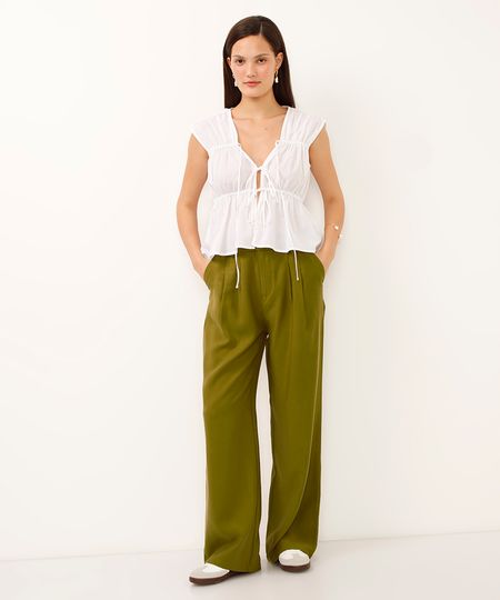 calça wide leg de alfaiataria com pregas verde 38