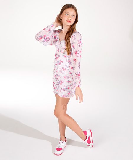 vestido juvenil de tule franzido floral colorido 10