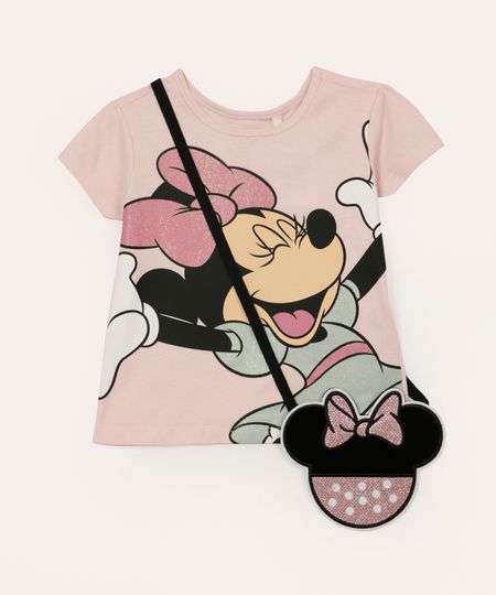 camiseta de algodão infantil com bolsinha minnie rosa 1