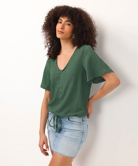camisa manga curta tezturizada com cordão verde P