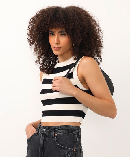 cropped de tricot canelado e listrado preto GG