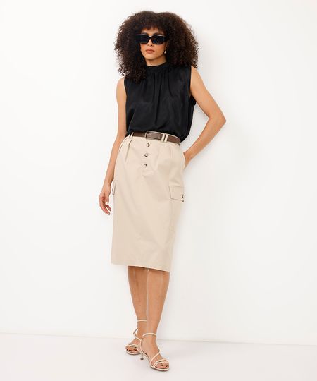 saia midi de sarja com bolso cargo e cinto bege 40 saia midi de sarja com bolso cargo e cinto bege 40