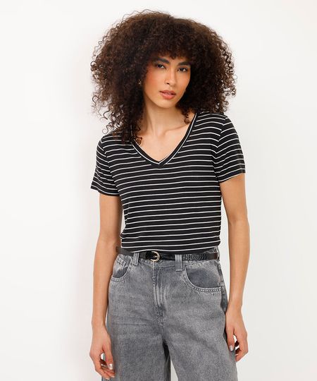 camiseta feminina básica estampada de poá manga curta decote v multicor - preto PP camiseta feminina básica estampada de poá manga curta decote v multicor - preto PP