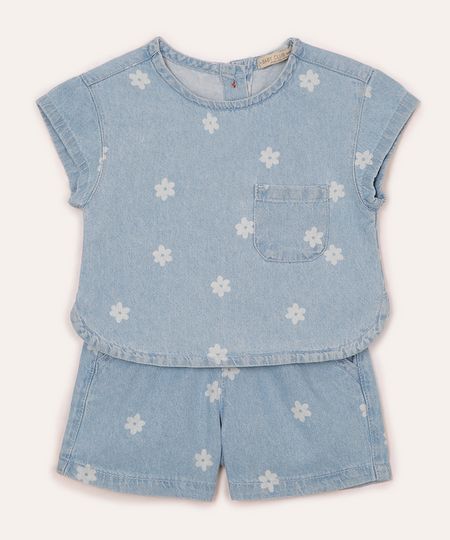 conjunto jeans infantil curto floral azul 4