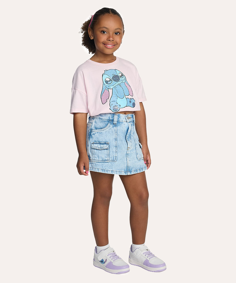 blusa de algodão infantil disney stitch com paetê manga curta rosa neon - rosa claro