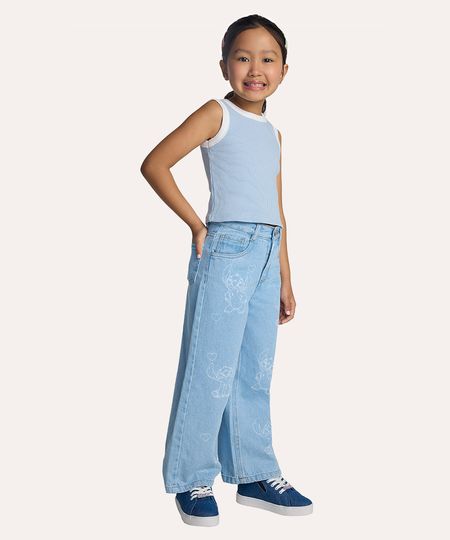 calça wide leg jeans infantil stitch azul 10 calça wide leg jeans infantil stitch azul 10