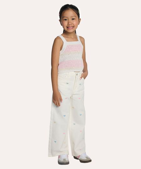 calça de sarja wide leg infantil corações bordado off white 4