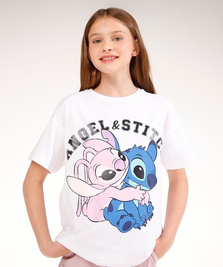 camiseta de algodão juvenil angel e stitch off white 14