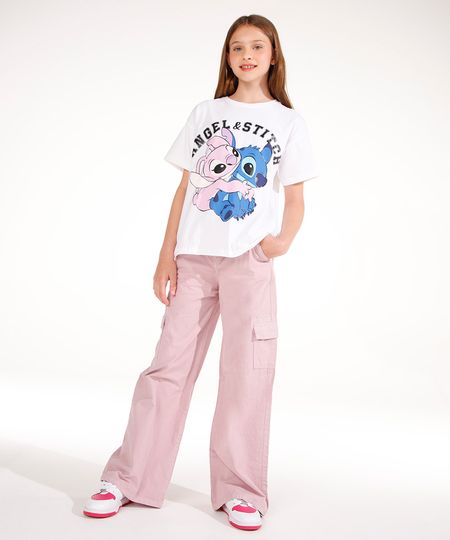 calça wide leg cargo de sarja juvenil  - rosa claro 12
