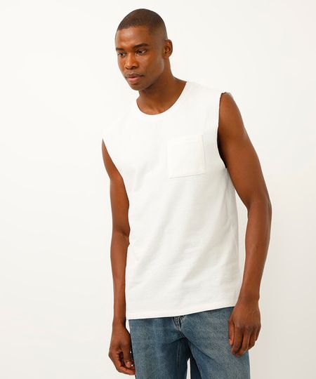 regata machão de algodão com bolso off white P regata machão de algodão com bolso off white P