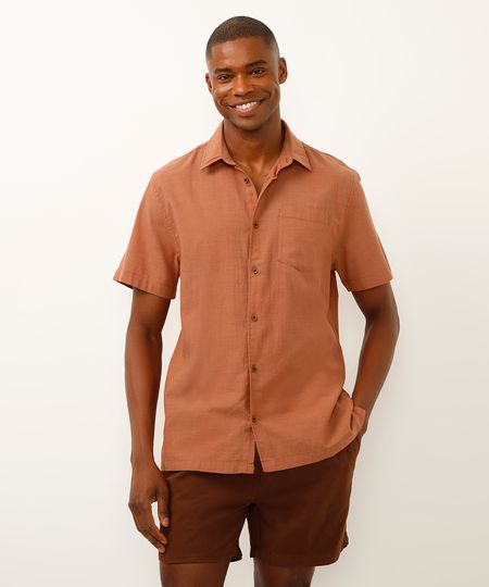camisa de algodão manga curta com bolso marrom M camisa de algodão manga curta com bolso marrom M