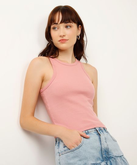 regata de algodão canelada alça média - rosa médio G regata de algodão canelada alça média - rosa médio G