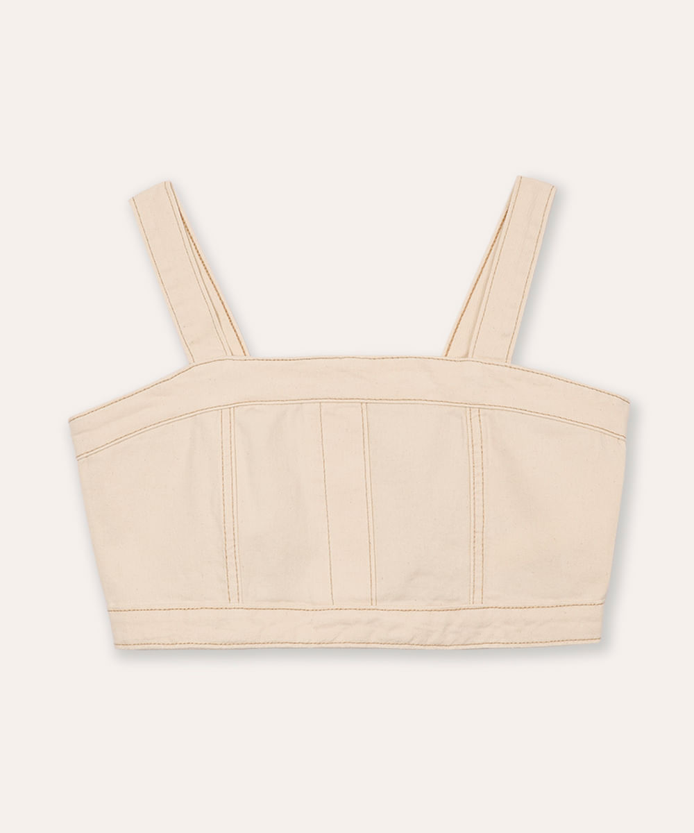 top cropped de sarja juvenil com recortes bege
