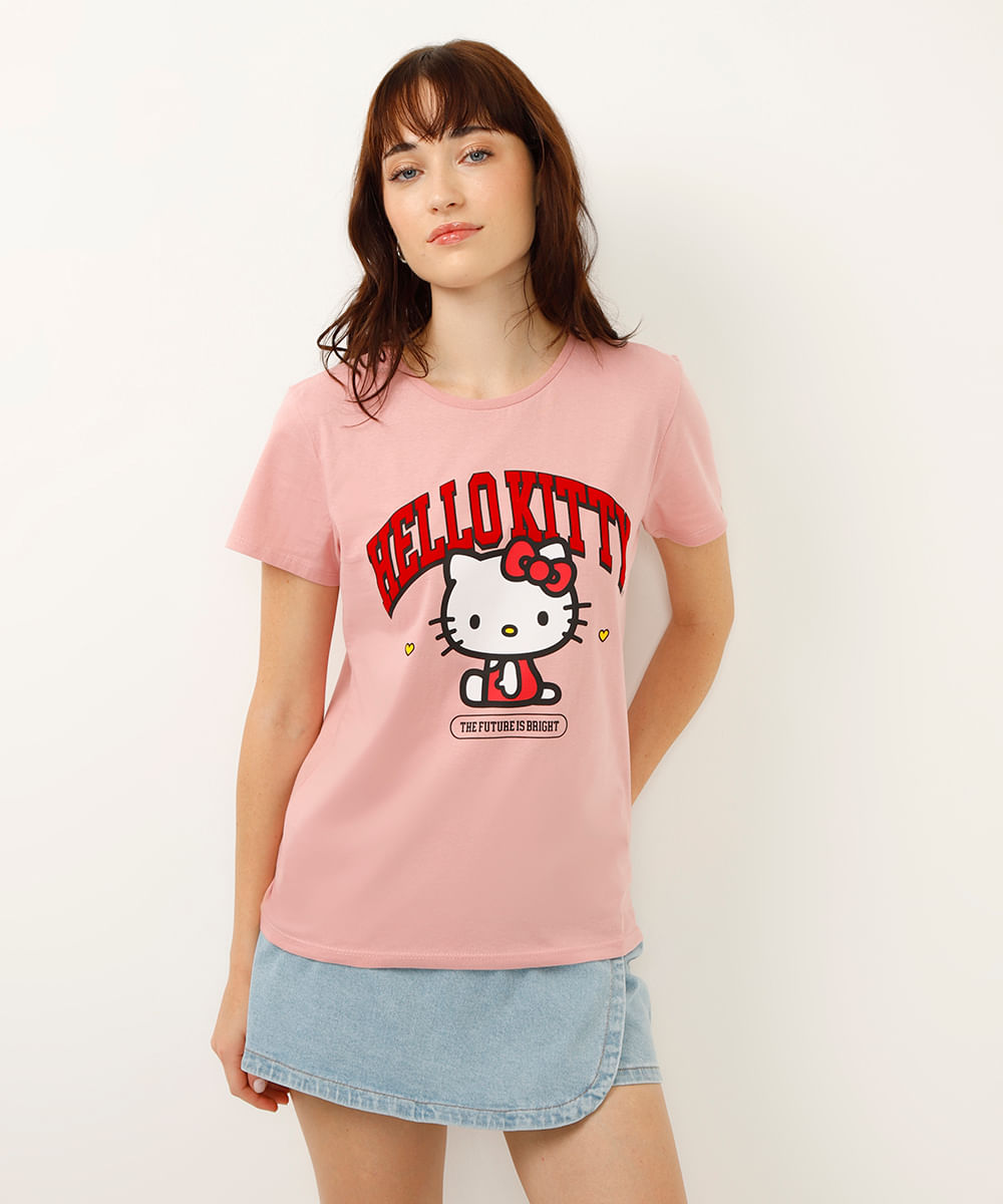 camiseta de algodão manga curta hello kitty rosa