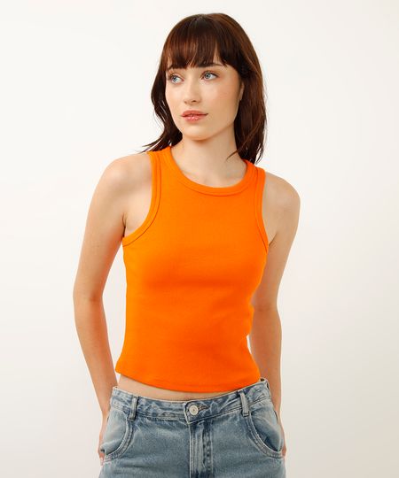 regata de algodão canelada alça média - laranja medio GG regata de algodão canelada alça média - laranja medio GG