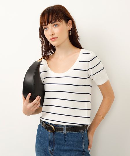 blusa de tricot manga curta listrada off white P blusa de tricot manga curta listrada off white P