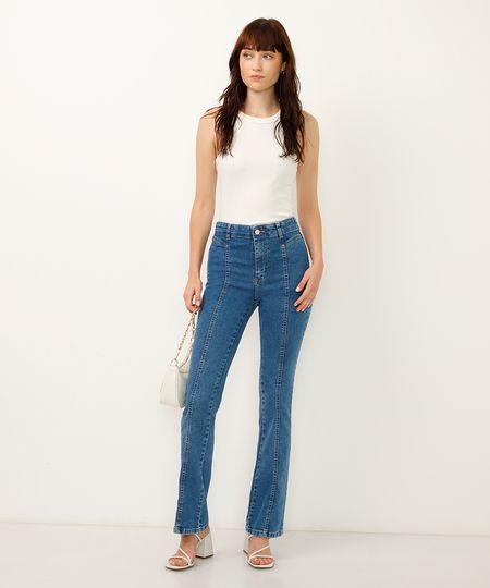 calça flare jeans cintura alta com recortes sawary azul 34