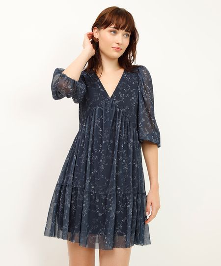 vestido curto de tule manga bufante floral azul M