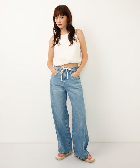 calça oversized jeans cós com cordão azul 34