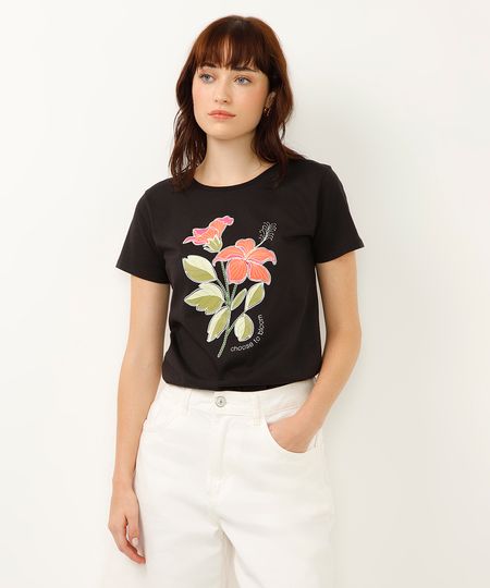 camiseta de algodão choose to bloom floral preta P camiseta de algodão choose to bloom floral preta P