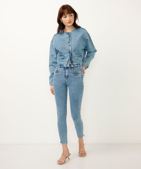 calça cigarrete jeans fenda na barra sawary azul 34