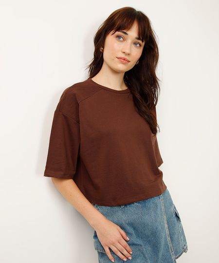 blusa cropped básica com recorte manga curta marrom PP blusa cropped básica com recorte manga curta marrom PP
