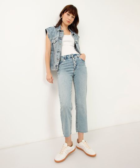 calça boot cropped jeans com botões azul 36