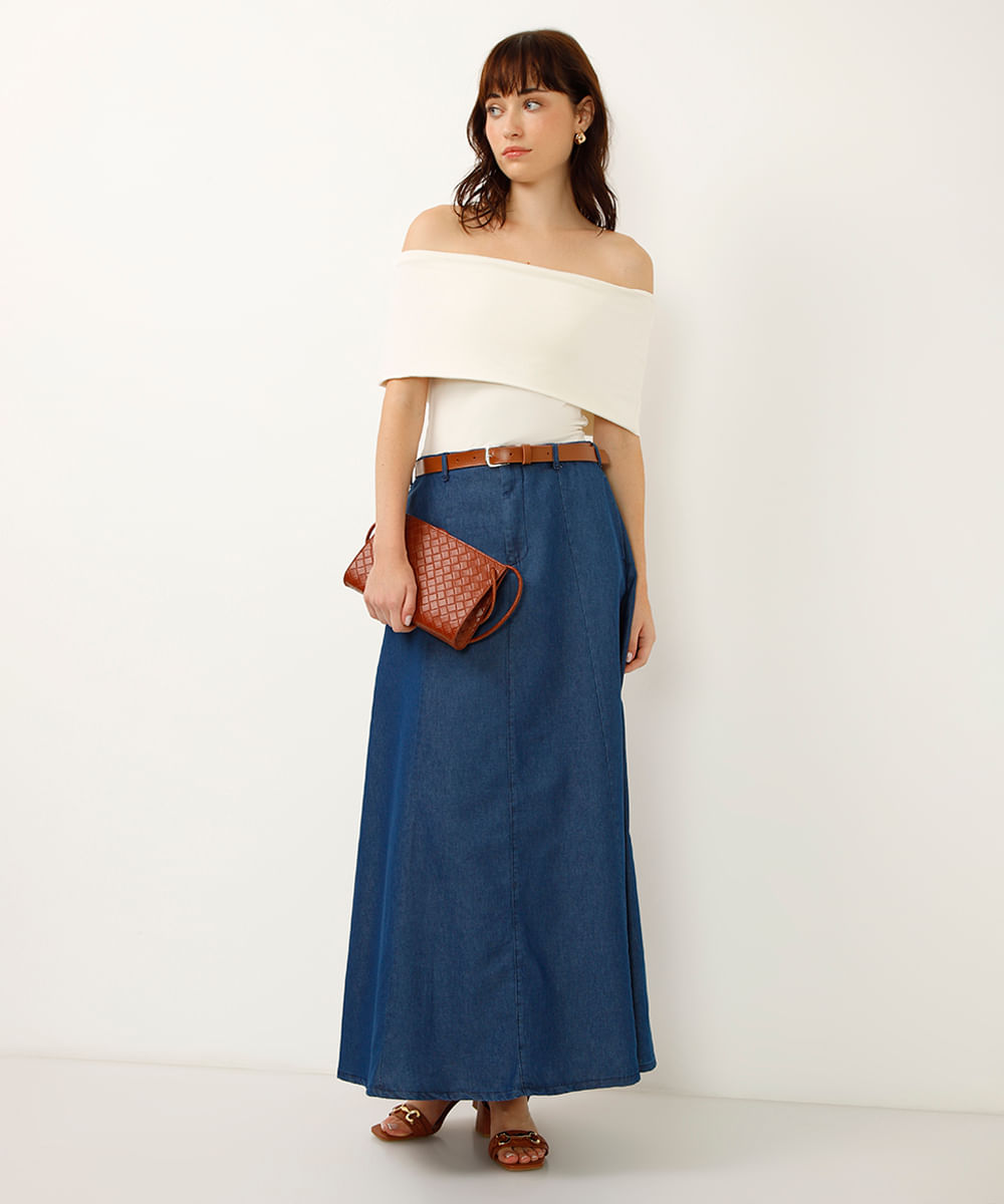 saia midi jeans evasê com cinto azul