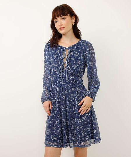vestido curto de tule lacinho manga bufante floral azul M