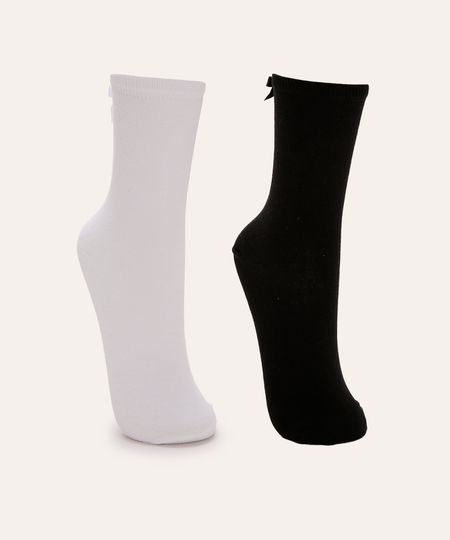 kit de 2 meias cano médio lacinho branco e preto 34-39