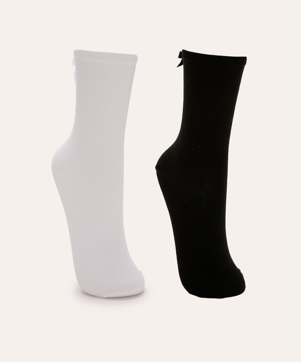 kit de 2 meias cano médio lacinho branco e preto