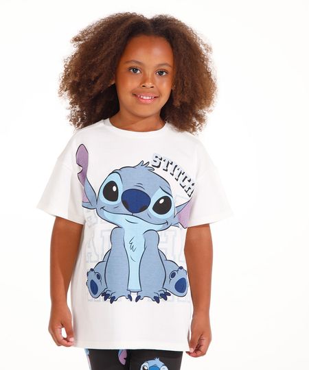 camiseta de algodão infantil ovesized stitch com brilho off white 6