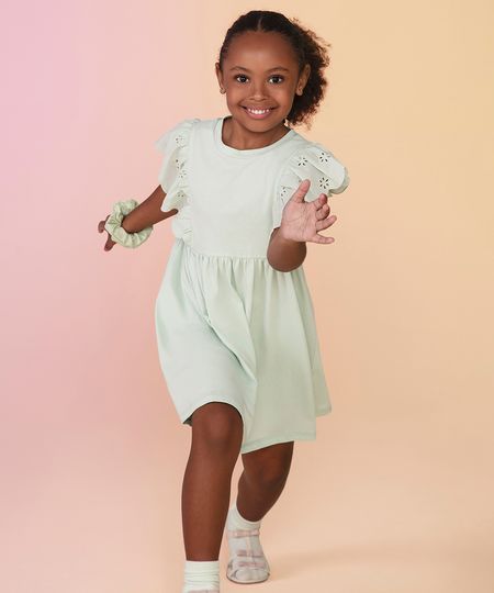 vestido de algodão infantil manga com babados verde 6 vestido de algodão infantil manga com babados verde 6
