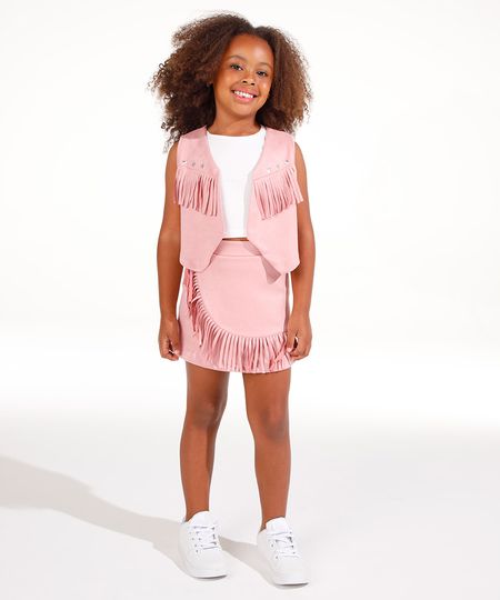saia curta de suede infantil com franjas rosa 12