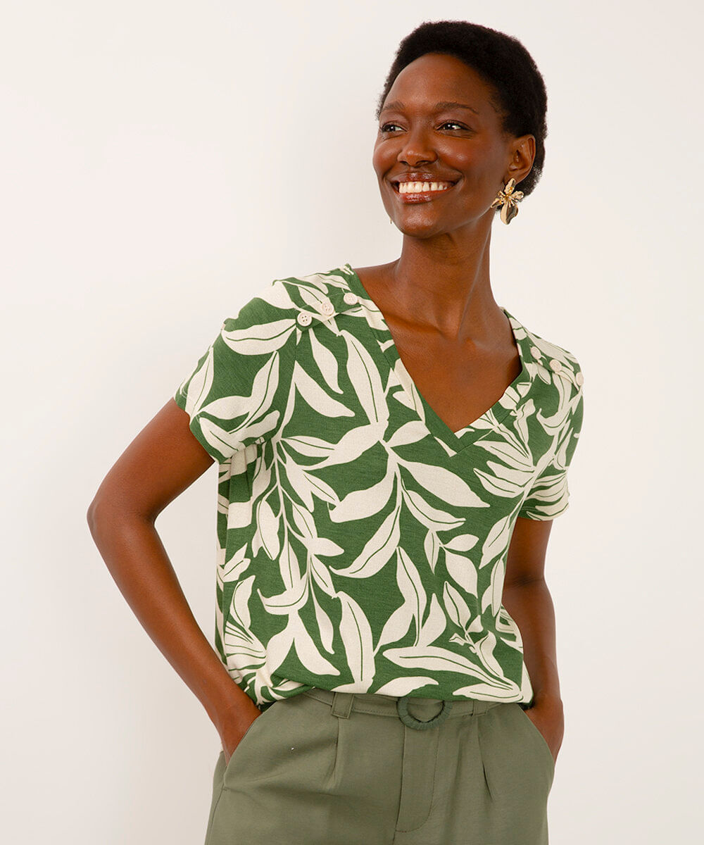 blusa de viscose decote v com botões folhagem verde