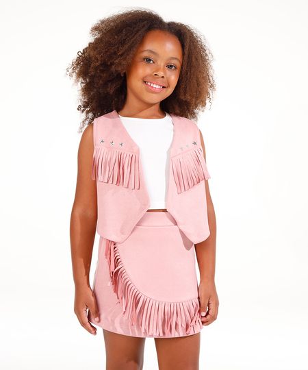 colete de suede infantil com franjas rosa 4