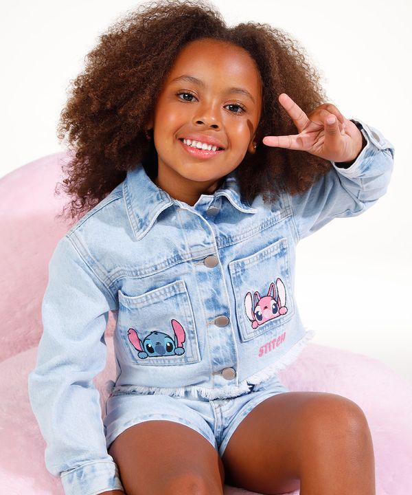 jaqueta jeans infantil stitch e angel azul 10