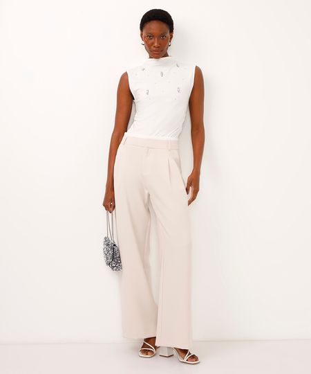 calça wide leg de alfaiataria com pregas bege 42