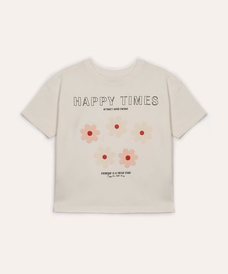 camiseta de algodão infantil manga curta floral off white 4