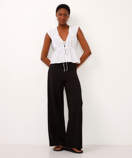calça wide leg de alfaiataria cós com elástico preta PP