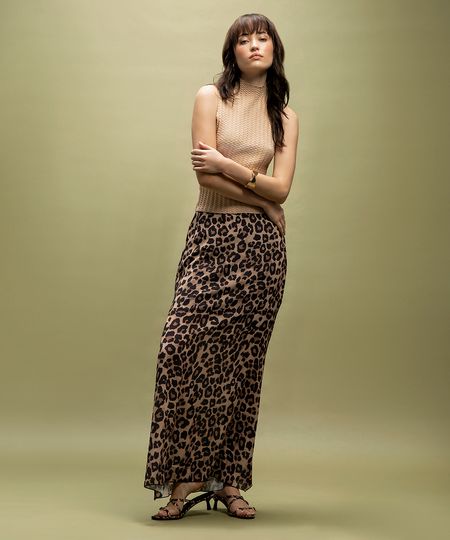 saia longa cintura média animal print bege 38