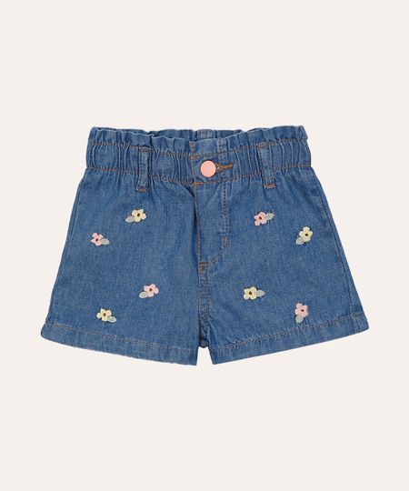 short clochard jeans infantil floral azul 3-6