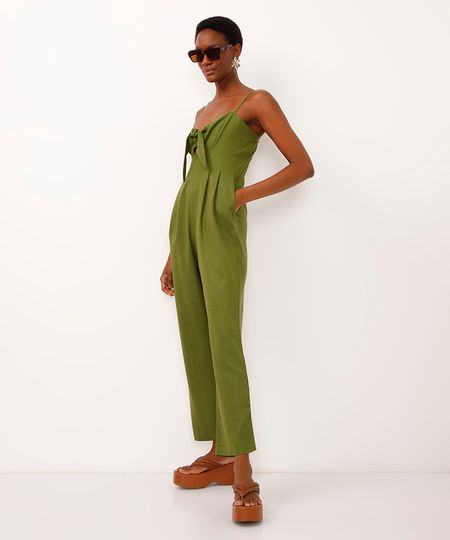 macacão com linho e amarração verde P macacão com linho e amarração verde P