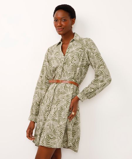 chemise curto de viscose com cinto folhagem verde PP chemise curto de viscose com cinto folhagem verde PP