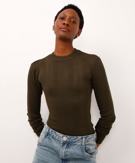suéter básico de tricot canelado - verde militar PP