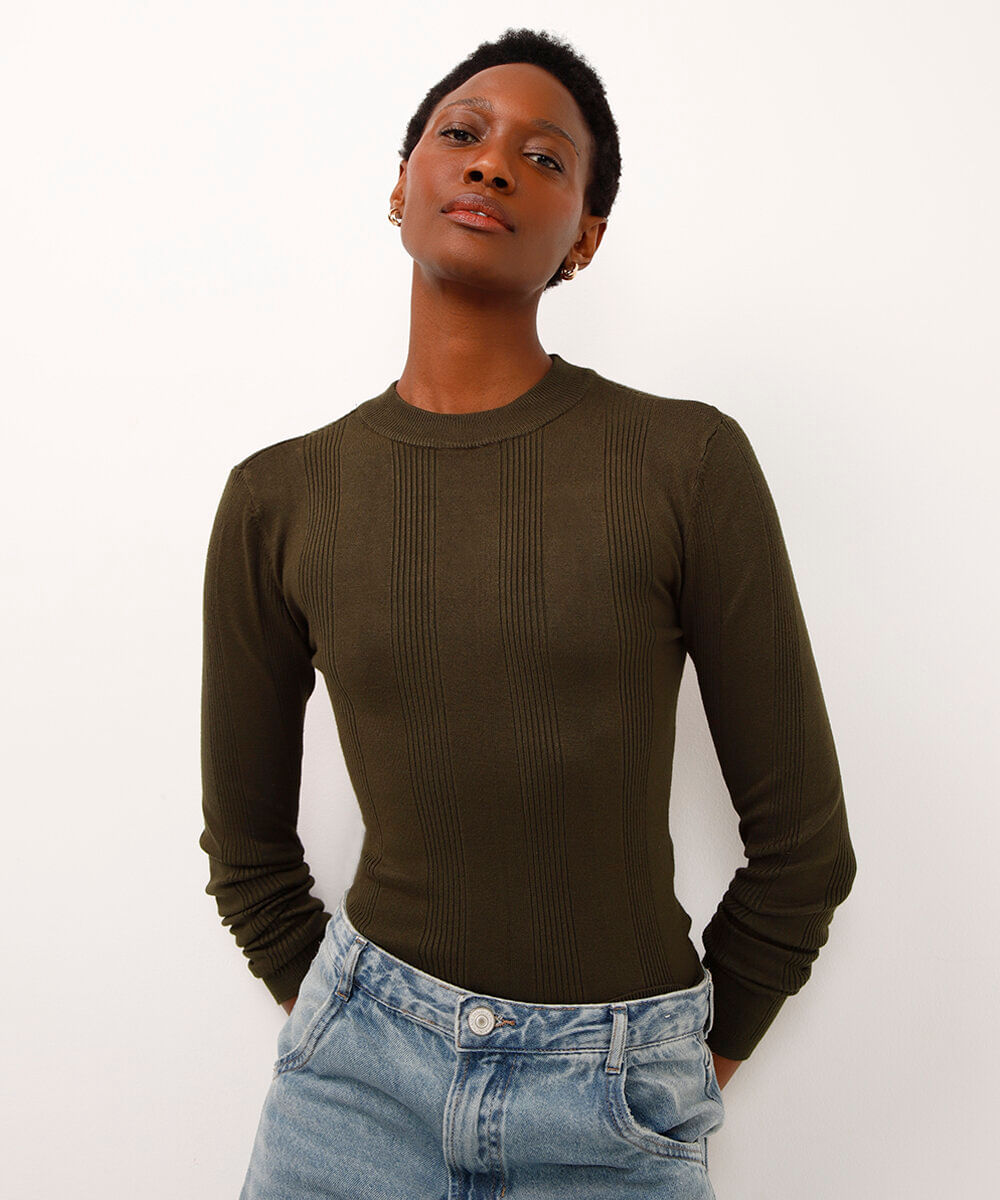 suéter básico de tricot canelado - verde militar
