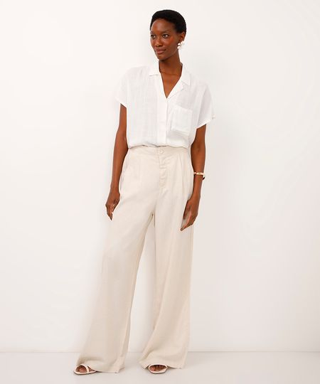 calça wide leg com linho e pregas bege 40