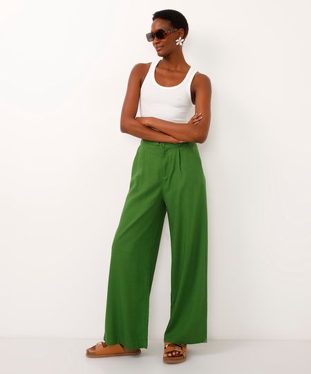 calça wide leg com linho e pregas verde 34